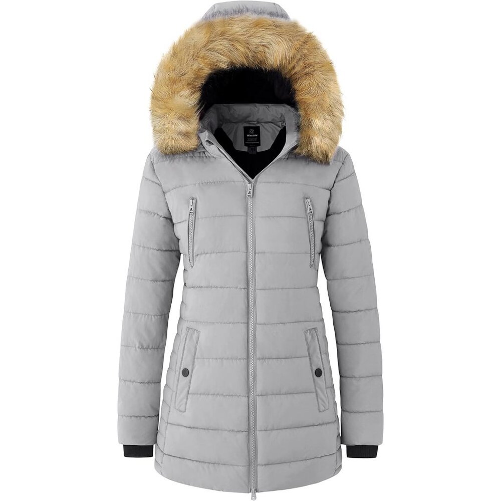 Women's Winter Snowy Weather Warm Puffer Jacket Coat Light Gray Fur Puffer Hood